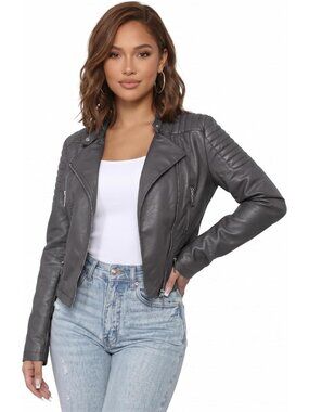 Women's Grey Faux Leather Zip-Up Closure Long Sleeve Slim Fit Casual Jacket
